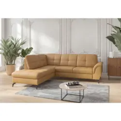 Ecksofa Zora E in Vliesstoff Kombination Echtleder/Stoff Currygelb 212/244 cm