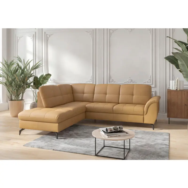 Ecksofa Zora E in Vliesstoff Kombination Echtleder/Stoff Currygelb 212/244 cm