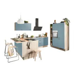 Eckk&uuml;che in Pastellblau, Tannenholzfarben