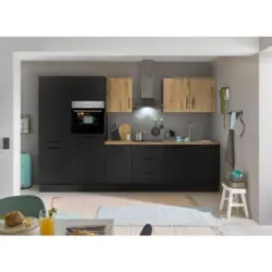 K&uuml;chenblock 330 cm in Schwarz, Eiche Artisan