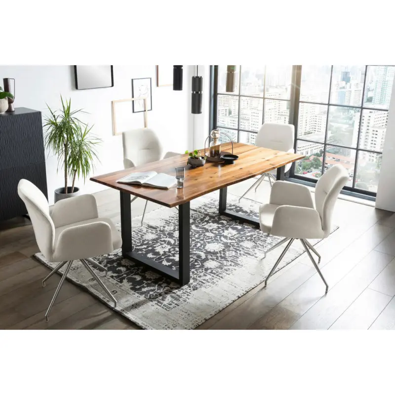 Tischgruppe in Holz, Metall, Textil Creme, Cognac