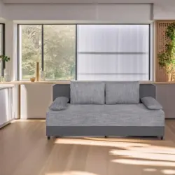 Schlafsofa in Lederlook, Webstoff Grau