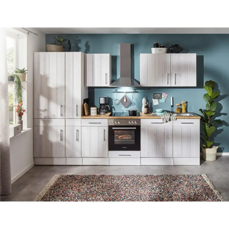 K&uuml;chenblock 310 cm in Wei&szlig;, L&auml;rchefarben