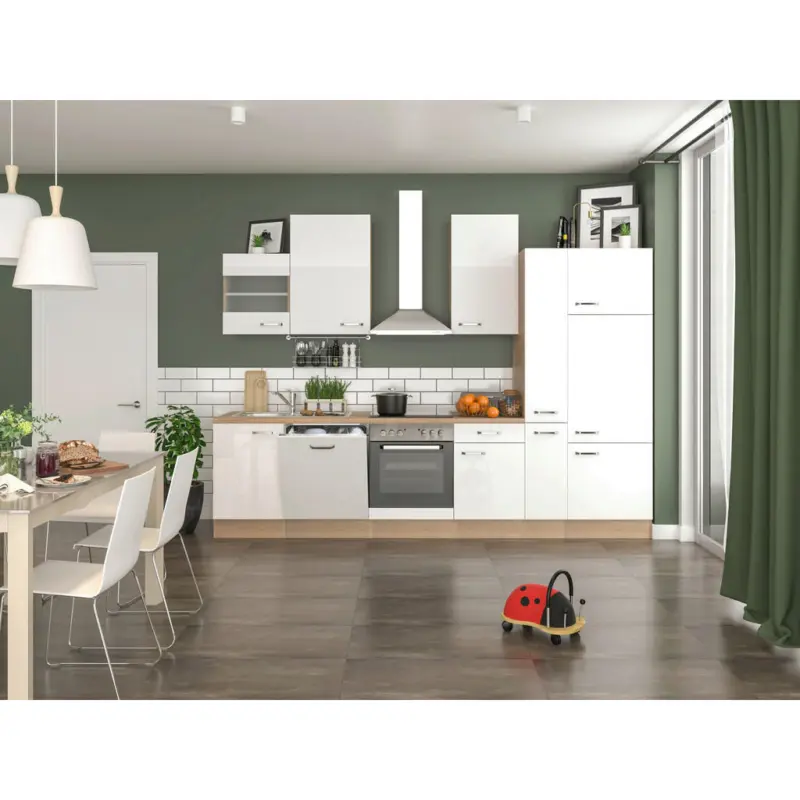 K&uuml;chenblock 310 cm in Sonoma Eiche, Wei&szlig; Hochglanz