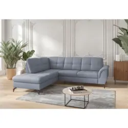 Ecksofa Zora E in Vliesstoff Kombination Echtleder/Stoff Graublau 212/244 cm
