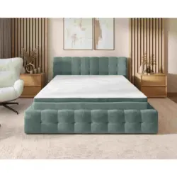 Polsterbett Matratze, gepolstertes Kopfteil, Lattenrost, Bettkasten, Topper Grau 140/200 cm