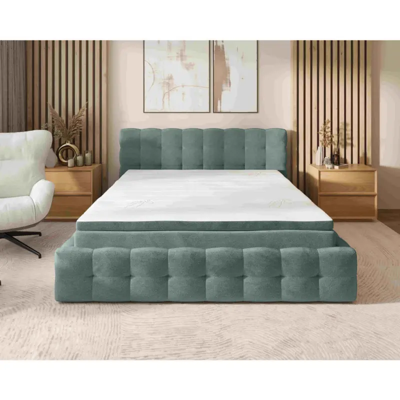 Polsterbett Matratze, gepolstertes Kopfteil, Lattenrost, Bettkasten, Topper Grau 140/200 cm