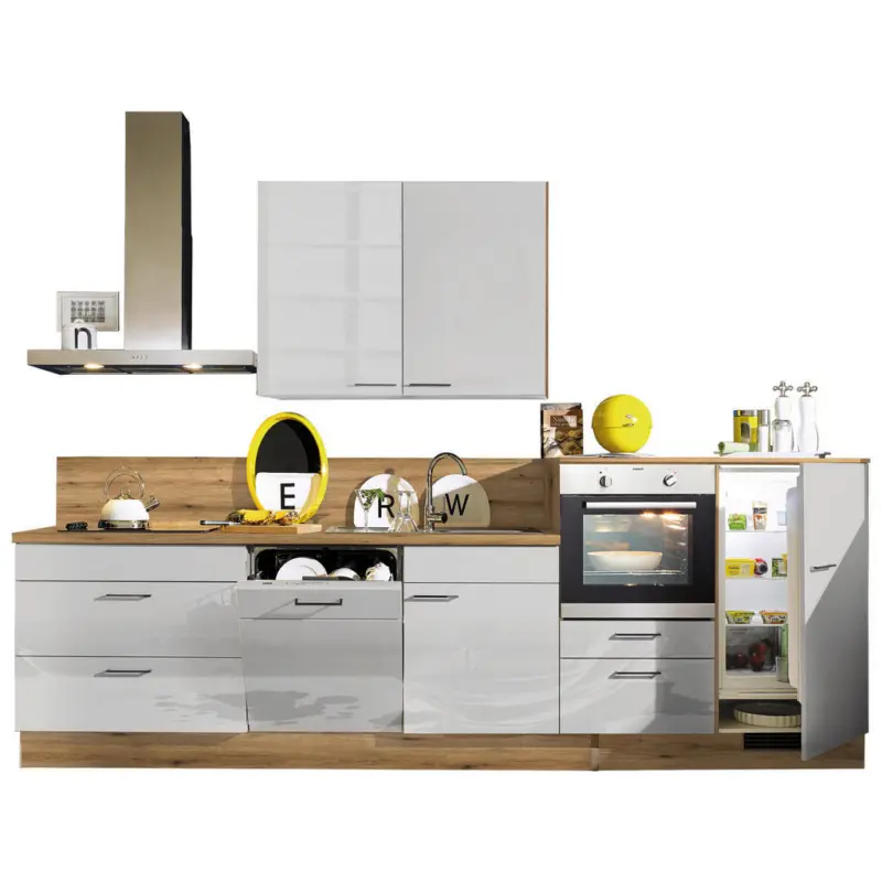 K&uuml;chenleerblock 320 cm in Eichefarben, Grau Hochglanz