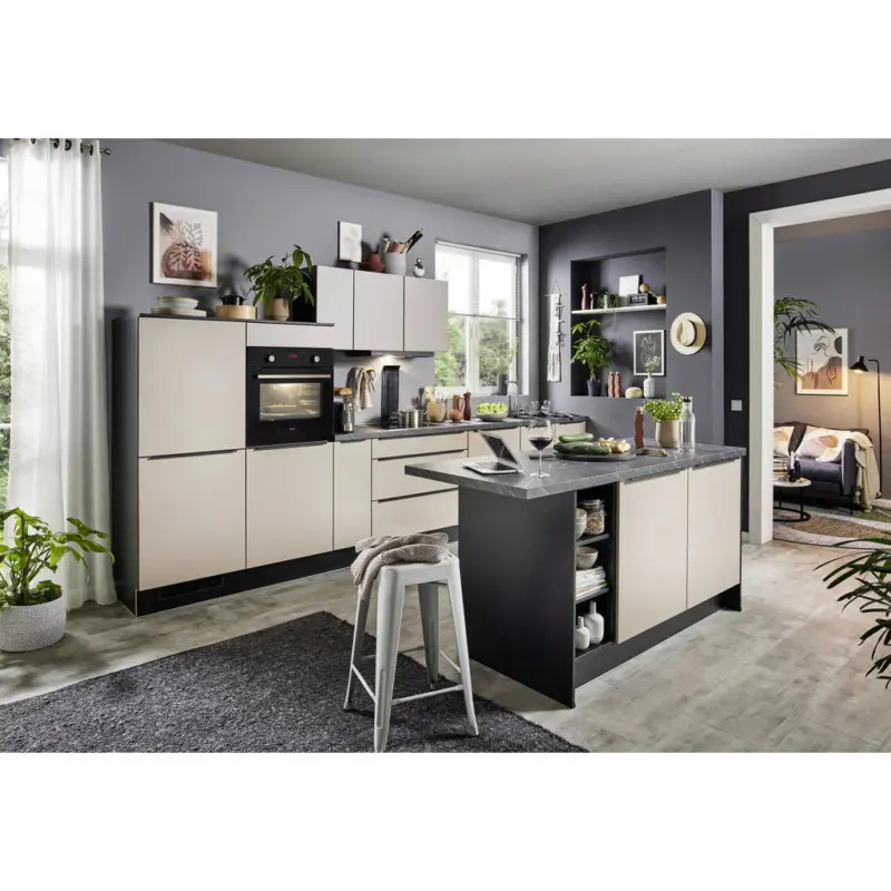 K&uuml;chenleerblock 390,2/184,1 cm in Schwarz, Cappuccino