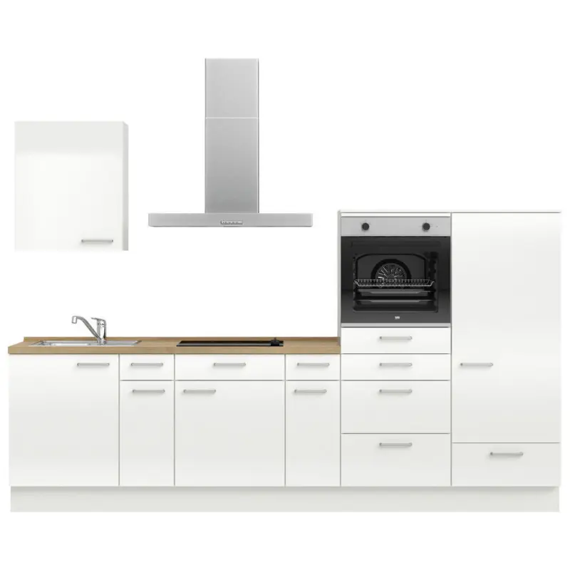 K&uuml;chenblock 300 cm in Eichefarben, Wei&szlig; Hochglanz