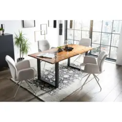 Tischgruppe in Holz, Metall, Textil Hellgrau, Cognac