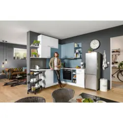 Eckk&uuml;che 220/260 cm in Wei&szlig;, Pastellblau