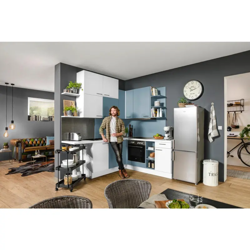 Eckk&uuml;che 220/260 cm in Wei&szlig;, Pastellblau