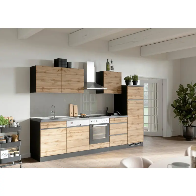 K&uuml;chenleerblock 300 cm in Graphitfarben, Eiche Wotan