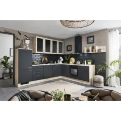 Eckk&uuml;che 305,2/283,1 cm in Schwarz, Eichefarben