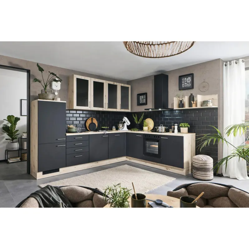 Eckk&uuml;che 305,2/283,1 cm in Schwarz, Eichefarben