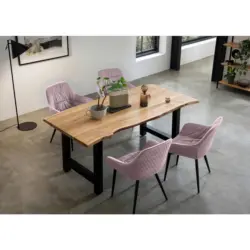 Tischgruppe in Holz, Metall, Textil Naturfarben, Rosa