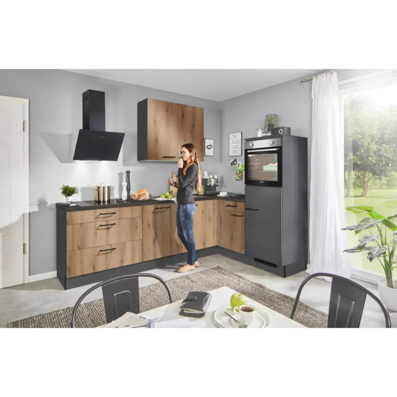 Eckk&uuml;che 275/175 cm in Graphitfarben, Eichefarben