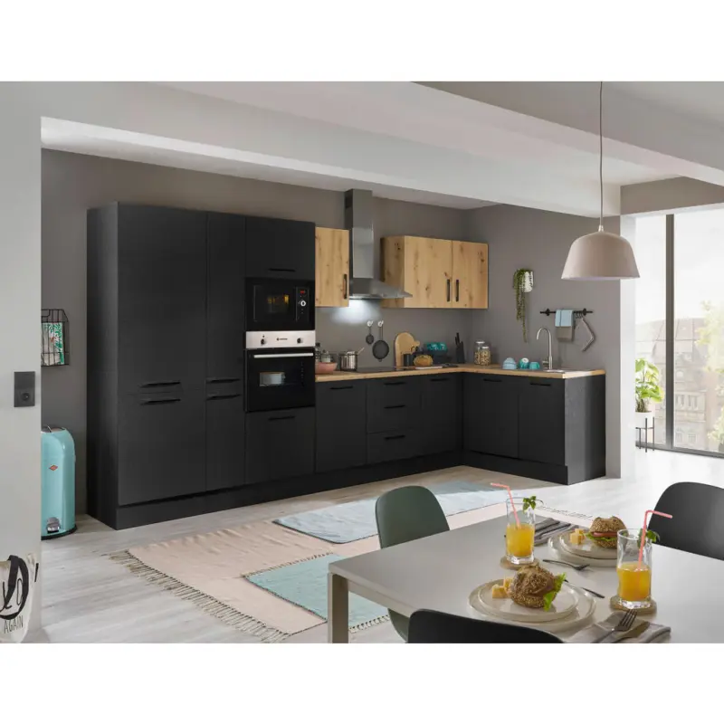 Eckk&uuml;che 370/175 cm in Schwarz, Eiche Artisan
