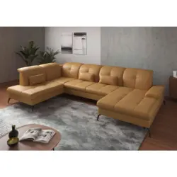 Wohnlandschaft in Vliesstoff Kombination Echtleder/Stoff Currygelb