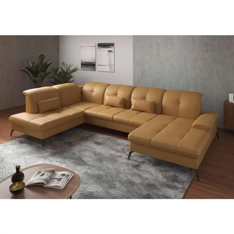 Wohnlandschaft in Vliesstoff Kombination Echtleder/Stoff Currygelb