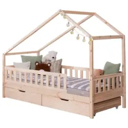 Hausbett Absturzsicherung, Rollrost, Bettschublade 100/200 cm in Naturfarben