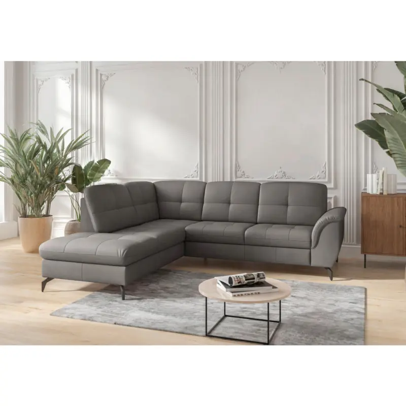Ecksofa Zora E in Vliesstoff Kombination Echtleder/Stoff Mokka 212/244 cm