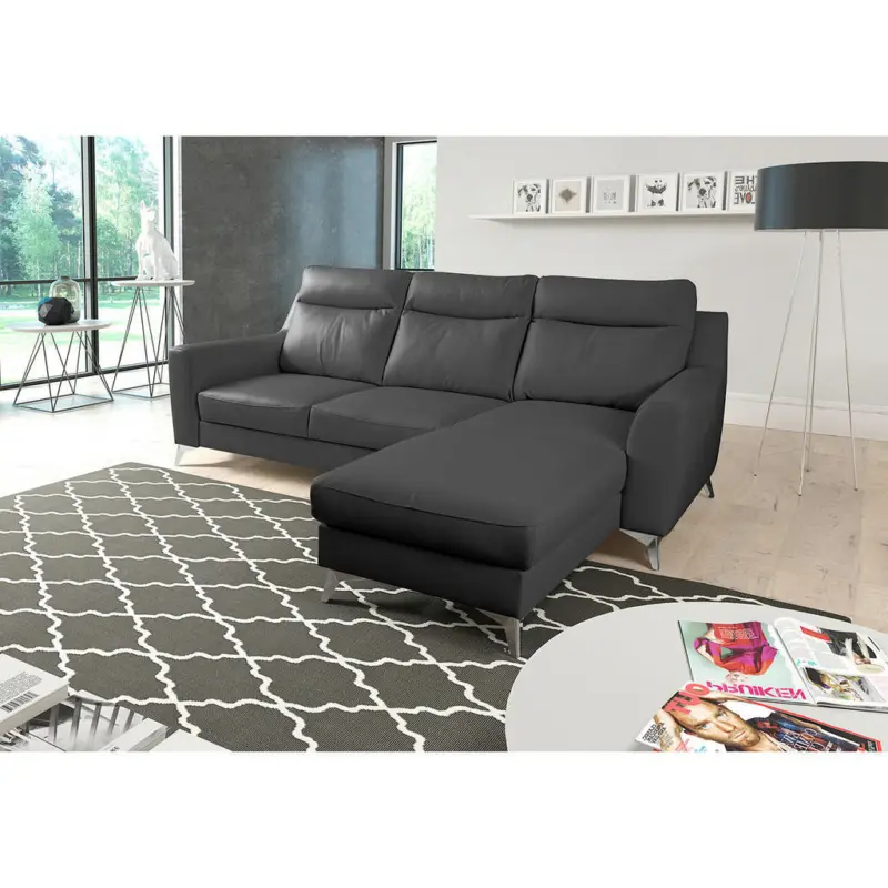 Ecksofa in Lederlook Echtleder Schwarz 236/168 cm