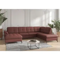 Wohnlandschaft Zora E in Vliesstoff Kombination Echtleder/Stoff Rotbraun