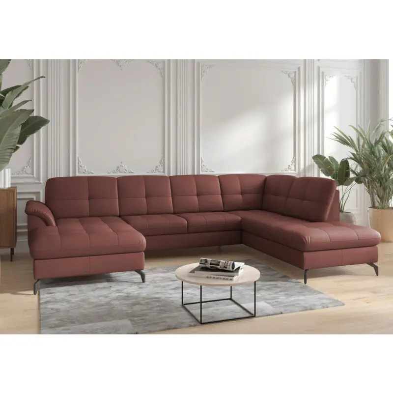 Wohnlandschaft Zora E in Vliesstoff Kombination Echtleder/Stoff Rotbraun