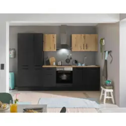 K&uuml;chenblock 300 cm in Schwarz, Eiche Artisan