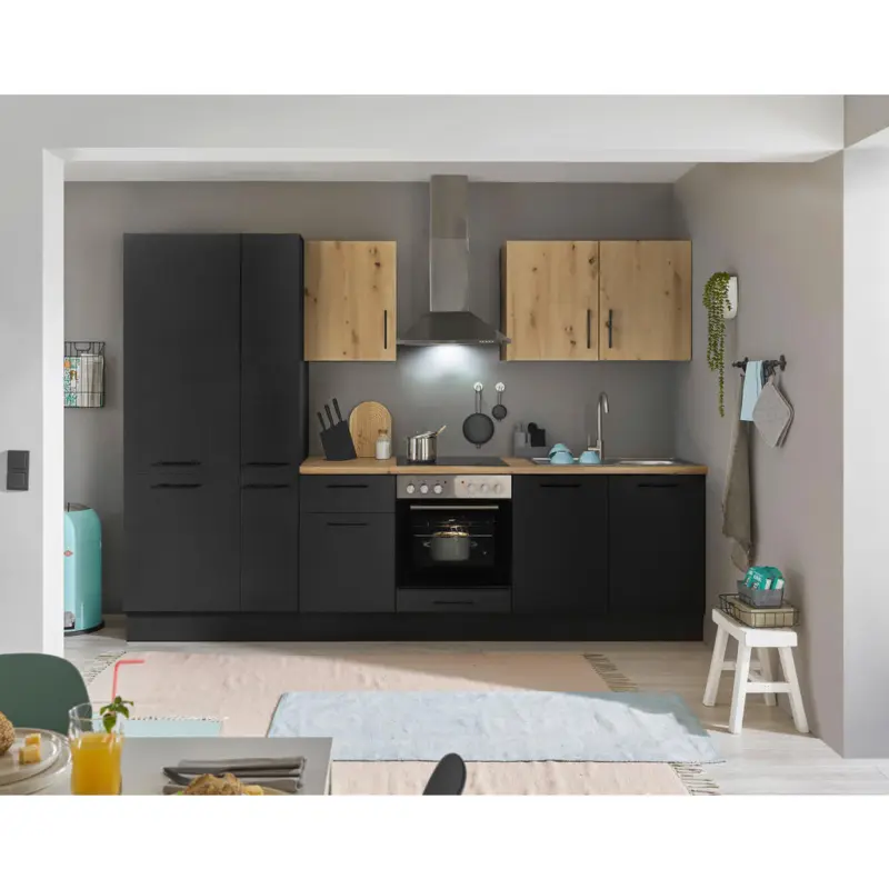 K&uuml;chenblock 300 cm in Schwarz, Eiche Artisan