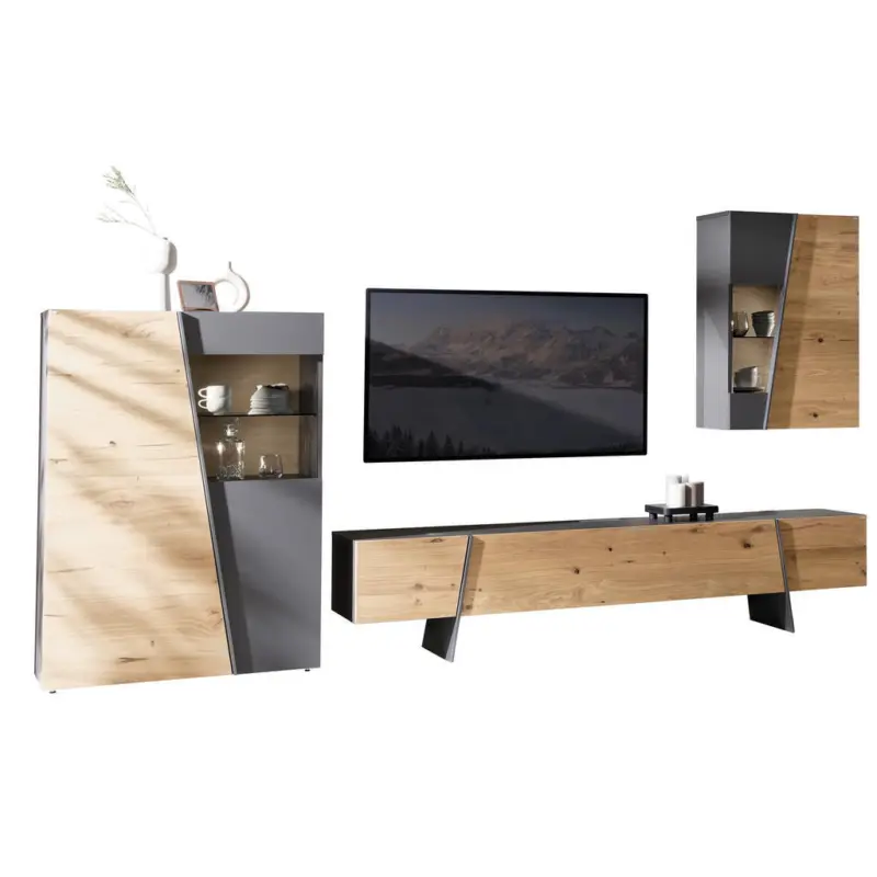 Wohnwand in Graphitfarben, Wildeiche 332/184/45 cm