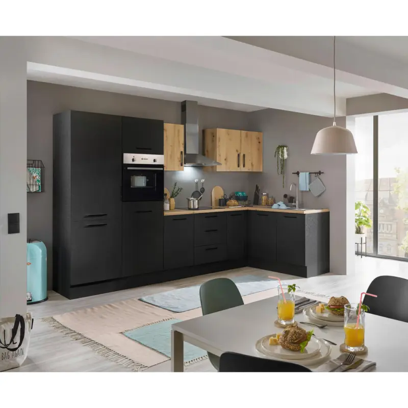 Eckk&uuml;che 330/165 cm in Schwarz, Eiche Artisan