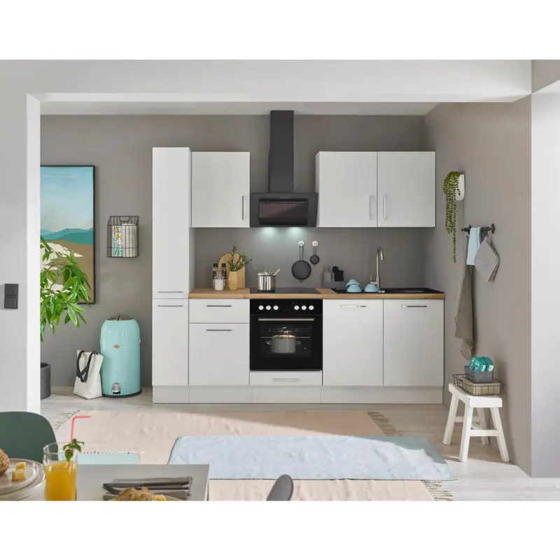 K&uuml;chenblock 240 cm in Wei&szlig;, Eiche Artisan