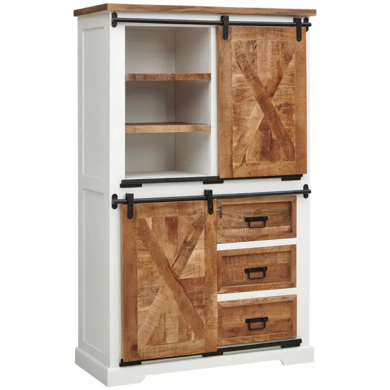 Vitrine in massiv Mangoholz Naturfarben, Schwarz, Wei&szlig;