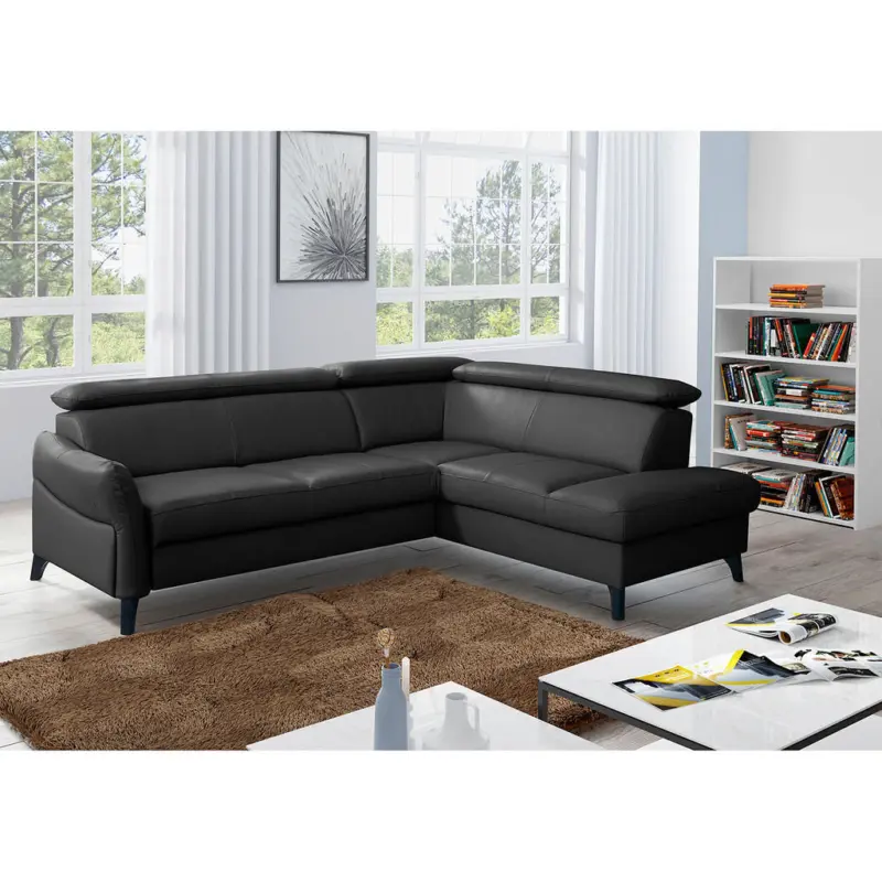 Ecksofa in Lederlook Echtleder Schwarz 244/199 cm