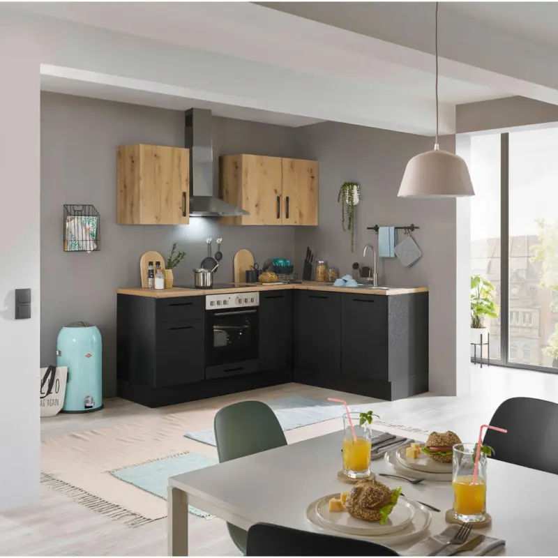 Eckk&uuml;che 210/165 cm in Schwarz, Eiche Artisan