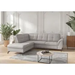 Ecksofa Zora E in Vliesstoff Kombination Echtleder/Stoff Hellgrau 212/244 cm