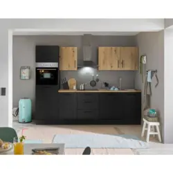 K&uuml;chenblock 280 cm in Schwarz, Eiche Artisan