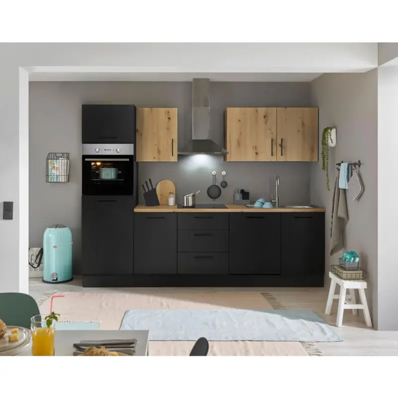 K&uuml;chenblock 280 cm in Schwarz, Eiche Artisan