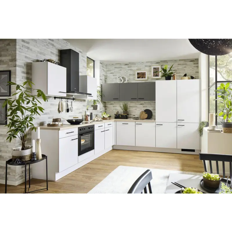 Eckk&uuml;che 275/315 cm in Graphitfarben, Eichefarben, Hellgrau