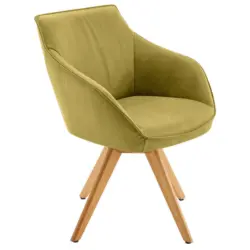 Armlehnstuhl in Holz, Leder Eichefarben, Hellgr&uuml;n