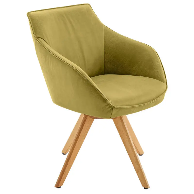 Armlehnstuhl in Holz, Leder Eichefarben, Hellgr&uuml;n