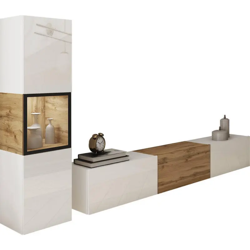 Wohnwand 2-teilig in Wei&szlig;, Eiche Wotan 210/130/32,5 cm