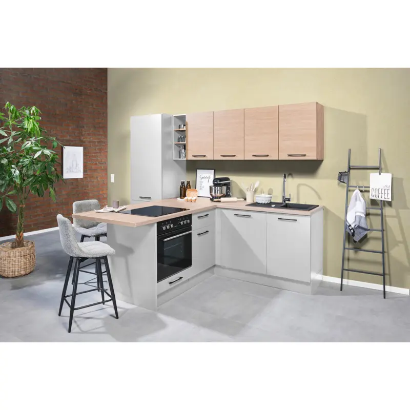 Eckk&uuml;che 265/200 cm in Wei&szlig;, Eichefarben