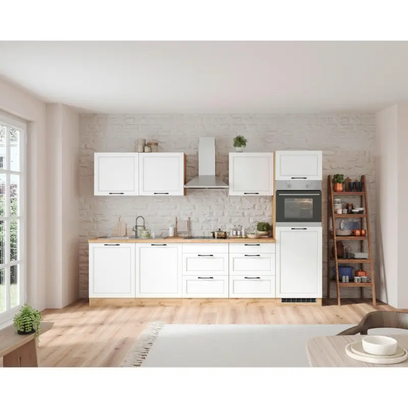 K&uuml;chenblock 300 cm in Wei&szlig;, Eiche Wotan