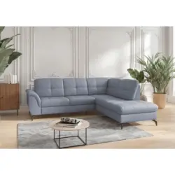Ecksofa Zora E in Vliesstoff Kombination Echtleder/Stoff Graublau 244/212 cm