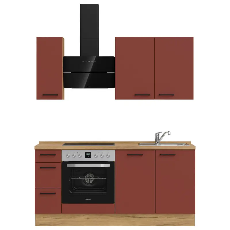 K&uuml;chenblock 180 cm in Eichefarben, Dunkelrot