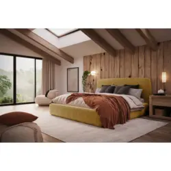 Polsterbett gepolstertes Kopfteil, Lattenrost, Bettkasten Gelb 160/200 cm